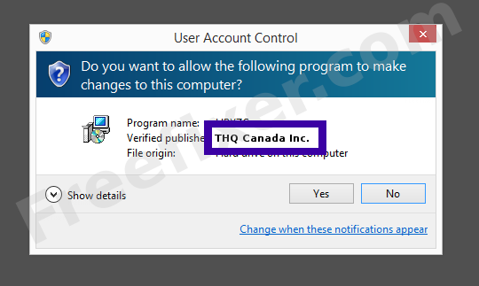 Screenshot where THQ Canada Inc. appears as the verified publisher in the UAC dialog